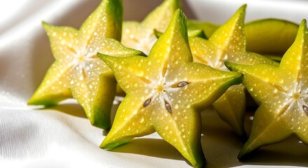 Fototapeta premium Vibrant Sliced Star Fruit With Refreshing Water Droplets On White Fabric