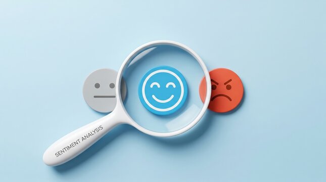 Magnifying glass examining a smiling face symbol and a frowning face symbol on a bright blue background