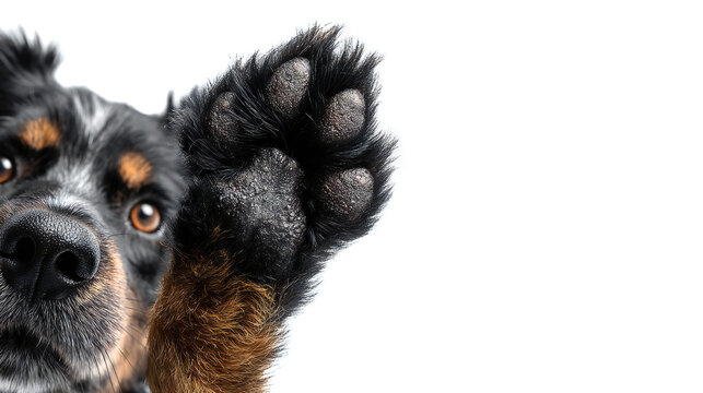 Happy dog peeking from side while lifting paw in greeting gesture on white background. Funny pet portrait ideal for training concepts, companionship themes and playful advertising.