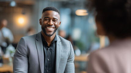 Fototapeta premium Businessman smiling during conversation, shallow focus, modern workplace, copy space on right