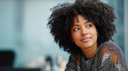 Fototapeta premium Woman listening with slight smile, engaged expression, close up framing, clean corporate background, copy space on right