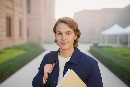 Young student arrives on campus at dawn with books and a backpack