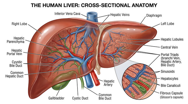 Cross‑sectional anatomy of the human liver illustrating right and left lobes, hepatic lobules, central veins, portal triads with hepatic artery, portal vein and bile duct, hepatic veins, gallbladder a