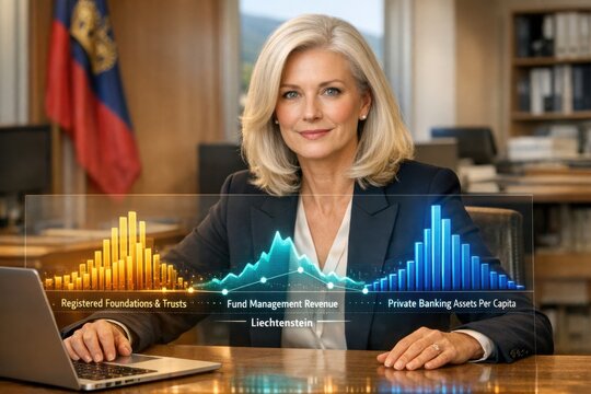 Senior Liechtenstein Financial Executive Reviewing Holographic Trust Foundation Structures Private Banking and Fund Management Chart