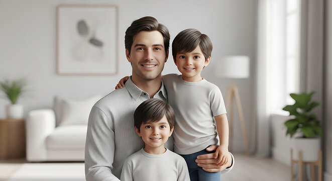 Father and two young sons smiling together in a bright, modern living room, family bonding and childhood happiness, heartwarming portrait