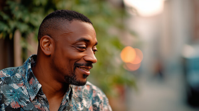 Man engaged in conversation with slight smile, close up composition, copy space on right