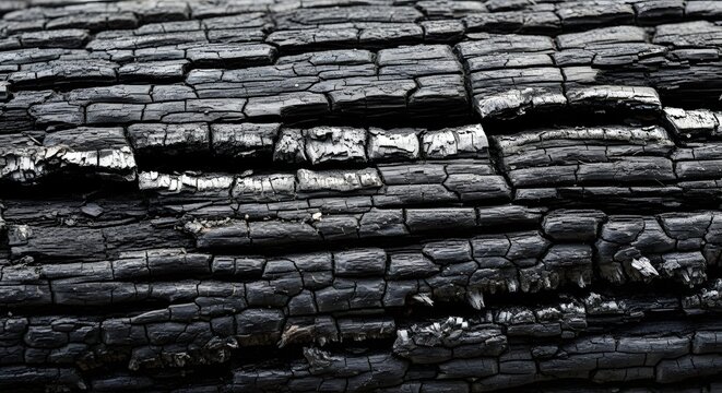 A close-up view of charred wood with a cracked surface on transparent background