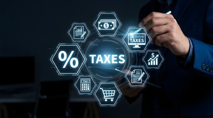 Naklejka premium Businessman interacting with a digital interface on a tablet with rating and document icons