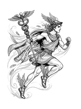Hermes tattoo with winged sandals and caduceus staff, dynamic running pose, light flowing lines, detailed illustration, white background