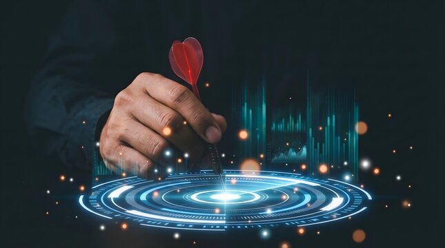 Hand holding a dart hitting a glowing blue target with a dark background and digital elements