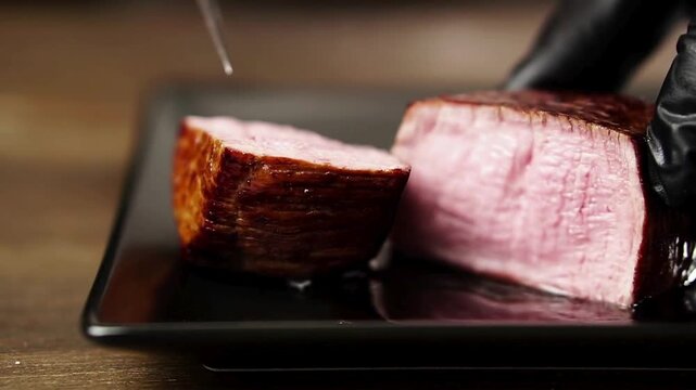 Close up of a chef cutting fatty beef with a knife while grilling a piece of meat on a grill pan in a restaurant kitchen. food close up zoom in