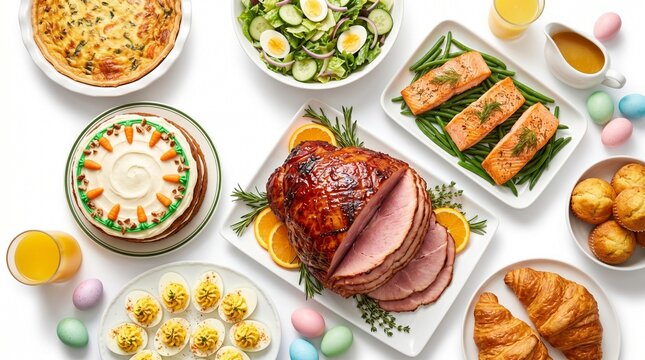 Easter dinner feast with glazed ham and roasted salmon, traditional holiday brunch table with carrot cake and deviled eggs, festive family meal isolated PNG with Transparent Background