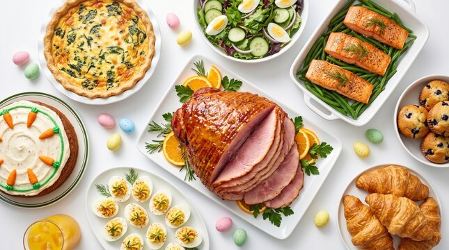 Easter holiday feast with honey glazed ham, roasted salmon, spinach quiche and carrot cake, festive family dinner table with spring brunch food isolated PNG with Transparent Background