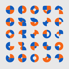 Fototapeta premium Abstract Geometric Shapes, Blue and Orange Circles, Halves, Quarters, Patterns