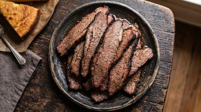 Smoked beef brisket slices on rustic plate, slow cooked barbecue meat with cornbread, traditional southern style bbq dinner on dark wooden table isolated PNG with Transparent Background