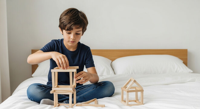 Young boy playing with wooden blocks while sitting on bed  