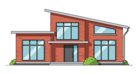 Fototapeta premium Modern Red Brick House Architecture Illustration with Sloped Roof and Large Windows isolated on white background