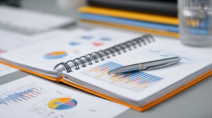 Fototapeta premium Colorful graphs and charts in open notebook with silver pen on modern desk showcasing business analytics, financial data, and professional workspace organization