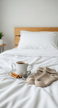 Cozy bedroom with warm socks, coffee cup, and cinnamon sticks  