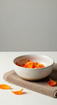 Bowl with orange flower petals on neutral background  