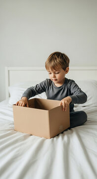 Boy sitting on bed opening cardboard box in cozy bedroom  