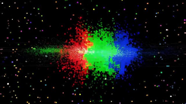 Abstract pixel cloud with red green blue light burst black background, colorful pixel cluster with scattered dots, digital particle cloud mosaic glowing color burst and neon light scatter digital art