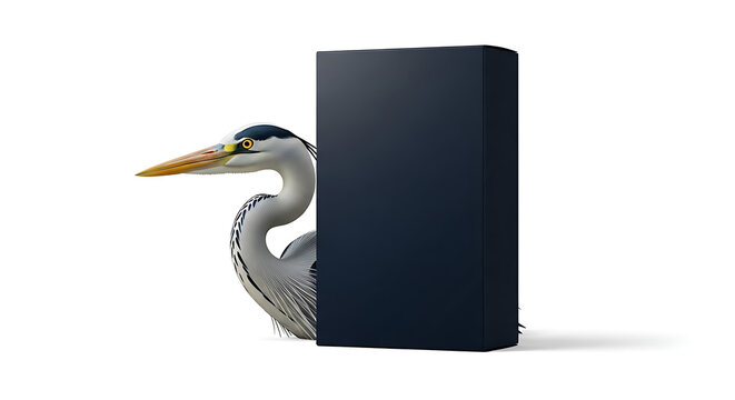 Gray heron bird peeking from behind a dark blue rectangular prism on a white background, curiosity and discovery concept