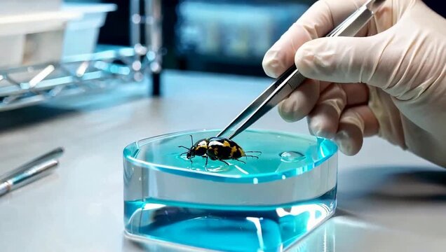 Gloved hand uses tweezers to hold beetle in blue liquid dish