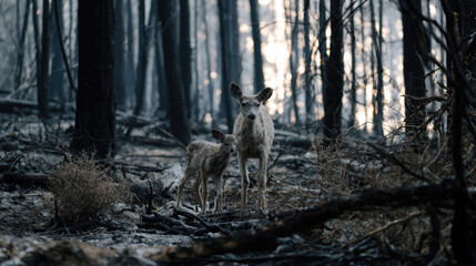 Fototapeta premium Wild animal surviving in burned forest after wildfire, environmental disaster concept.