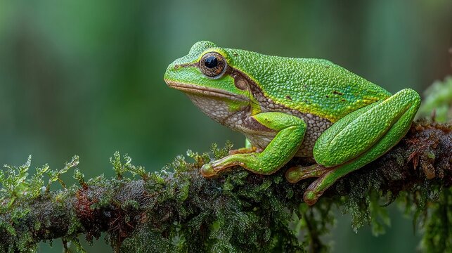 Stunning Close-up of a Vibrant Green Frog Perched on Mossy Branch