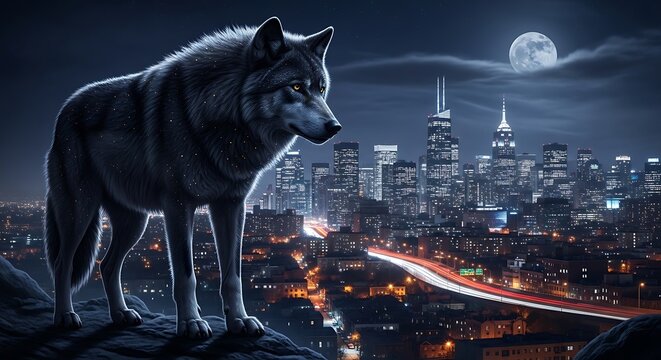 Majestic wolf observing city skyline under a full moon at night