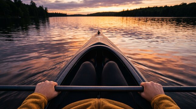 Person kayaking on calm lake at sunset with scenic forest background POV.