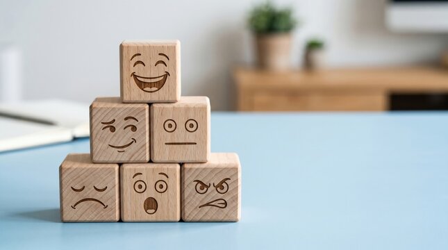 Stacked wooden blocks with expressive faces depicting emotions like happiness and sadness on a table