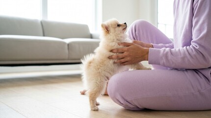 Woman sitting on floor playing with her cute Pomeranian puppy at home.