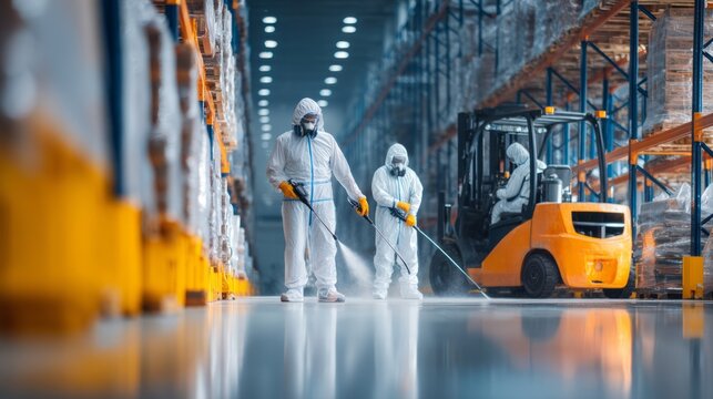 Crew in Full Protective Uniforms Cleaning Warehouse with Handheld Sprayer