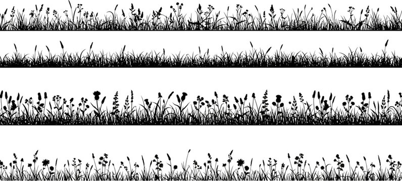 Seamless black grass and wildflower silhouettes set on white background for nature landscape vector design elements