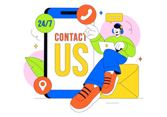 Fototapeta premium Contact Us Illustration Customer Support Featuring Twenty Four Seven Hours Service Hotline Email Communication And Online Help Desk Assistance Design