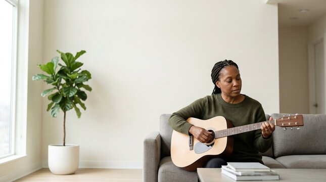 African American woman playing acoustic guitar in a bright living room.
