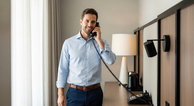 Businessman smiling while talking on phone in hotel room  