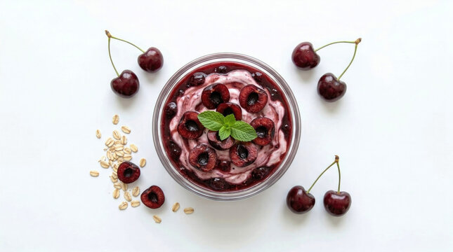 Bowl of purple berry smoothie topped with mint leaves surrounded by cherries and oats, representing a healthy breakfast and detox concept, superfood drink