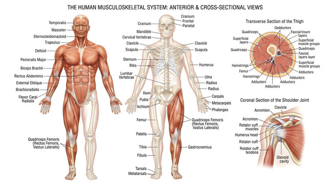 Comprehensive diagram of the human musculoskeletal system showing anterior muscular figure, skeletal figure and labeled cross‑sections of the thigh and shoulder joint to illustrate relationships betwe