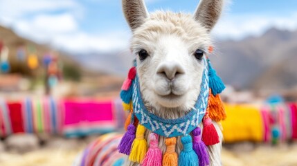 Fototapeta premium Colorful Andean Festival Outfit with Woven Textiles and Festive Decorations