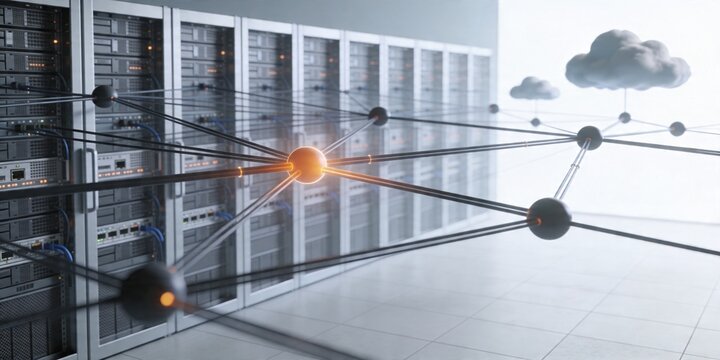 Cloud network connection across data center server racks with right copy space abstract technology background for enterprise cloud computing header banner