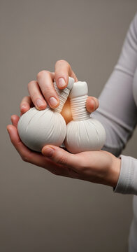 Hands holding two white wellness stones on neutral background  