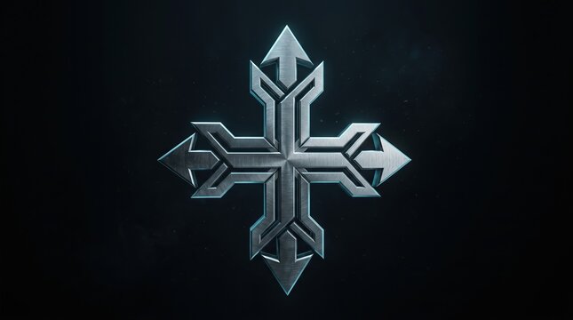 Stylized 3d metallic symbol featuring interlocking arrows with sharp edges and a sleek futuristic design on a dark background