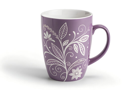 Minimalist cramic violet mug with elegant white pattern isolated on pure white background, soft naturalshadow, clean studio lighting, modern design, high detail, photorealistic, no text, no logo.