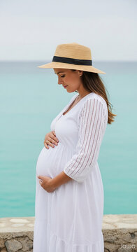 Pregnant woman in white dress touching belly by the ocean shore  