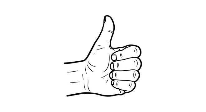 A simple black and white sketch depicts a human hand giving a thumbs up gesture signifying approval