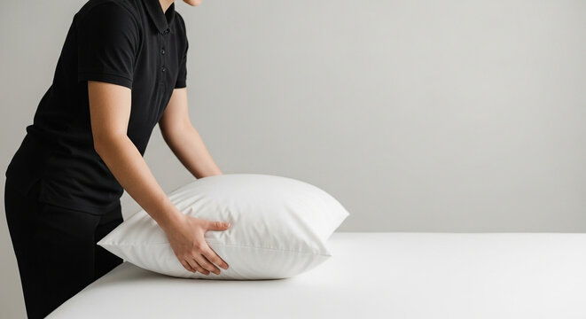 Person adjusting pillow on white bed with neutral background  
