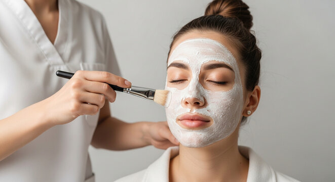 Woman receiving facial treatment with cream mask in spa setting  